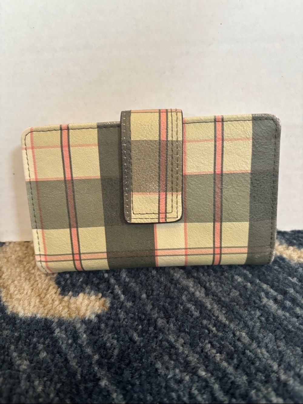 Plaid Snap-Closure Wallet in Cream, Olive & Pink